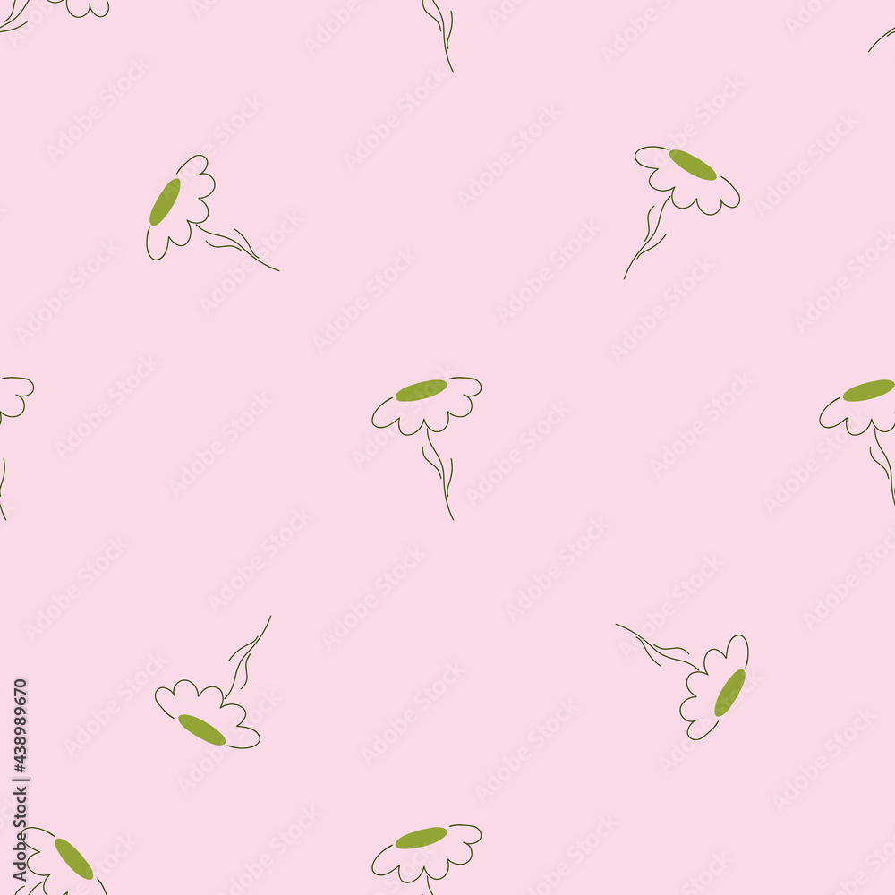 Minimalistic style seamless pattern with little green chamomile contoured flowers shapes. Minimalistic style seamless pattern with little green chamomile contoured flowers shapes.