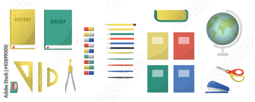 Set of school stationary: pencil sharpener, pencils, pens, triangle, ruler, protractor, eraser, the globe, textbook, tutorial, manual, schoolbook, notebook isolated on white background