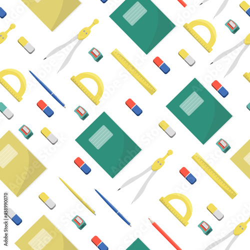 school supplies and office stationary on white background. Back to school  education and business concept. Vector seamless pattern for banner  poster  office supply store and wallpaper