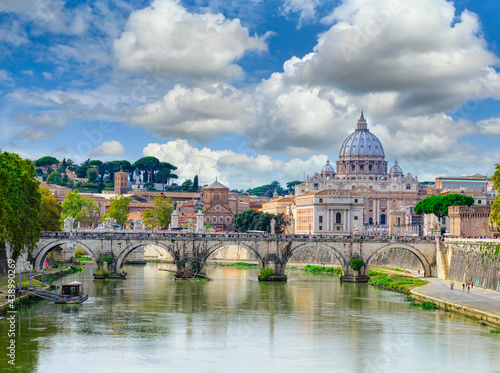 View of Basilica St Peter, bridge Sant Angelo and river Tiber in Rome. Italy. Architecture and landmark of Rome. Postcard of Rome