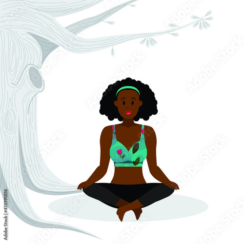 young girl practicing meditation  lotus yoga pose  black lady practicing lotus yoga asana vector illustration