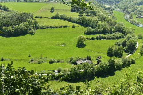 Fond de la vall  e de l Ourthe entre bois  champs et fermes vue depuis la falaise de la Roche aux Faucons    Esneux au sud de Li  ge 