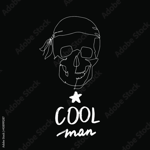 One line illustration of skull isolated on black. Hand drawn quotes Cool man. Vector illustration for print tshirt, poster, card, postcard