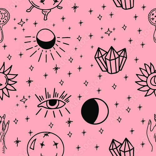 Girls seamless tatoo pattern with moon, sun, crystal and magic tool background for textile, graphic tees, kids wear. Wallpaper for teenager girls. Fashion style