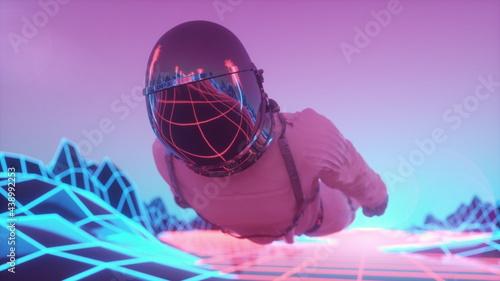 Naklejka Astronaut surrounded by flashing neon lights. Retro 80s style synthwave background. 3d rendering