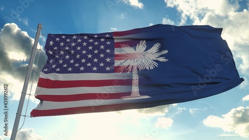 Flag of USA and South Carolina state. USA and South Carolina Mixed Flag waving in wind. 3d rendering