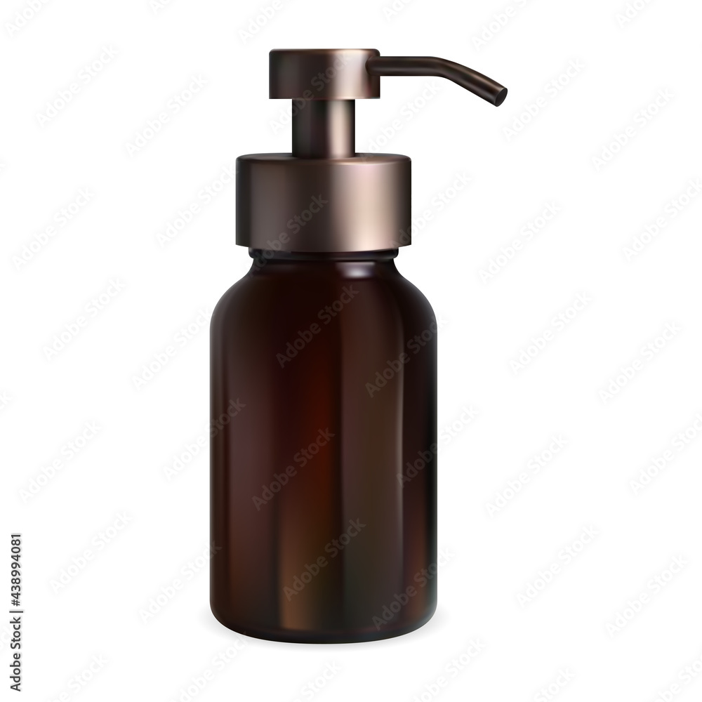 Brown glass pump bottle. Liquid soap dispenser cap cosmetics bottle. Realistic amber container mock up blank. Beauty lotion packaging template Brown glass pump bottle. Liquid soap dispenser cap cosmetics bottle. Realistic amber container mock up blank. Beauty lotion packaging template