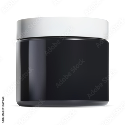 Black cosmetic cream jar. Gloss pot white plastic cap. Makeup can sample, round face butter template 3d vector illustration mock up