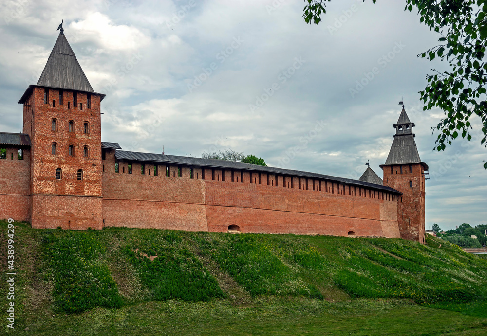 	
Fortress wall and towers. Kremlin in the city of Novgorod, Russia	
