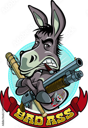 cartoon style donkey holding gun and bat