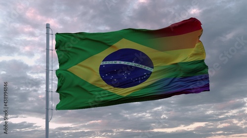 Waving flag of Brazil state and LGBT rainbow flag background. 3d rendering photo