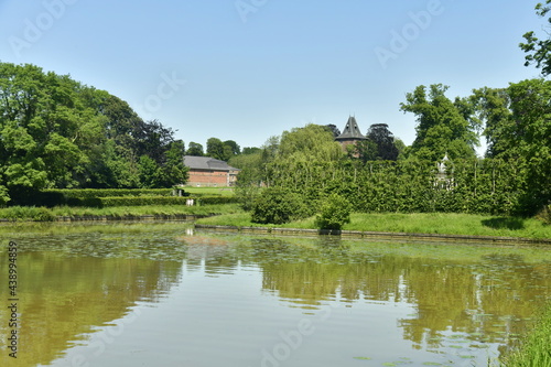Reflet de l'étang du Moulin au milieu de la végétation luxuriante du parc d'Enghien en Hainaut 
