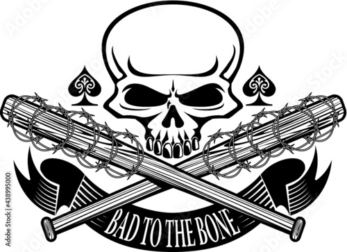 skull, crossed baseball bats with barbed wire, ace of spades and banner