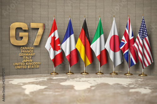 G7 summit or meeting concept. Row from flags of members of G7 group of seven and list of countries photo