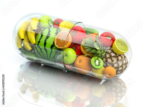 Vitamin pill capsule with fruits and vegetables. Nutrition supplemet and health eating concept. photo