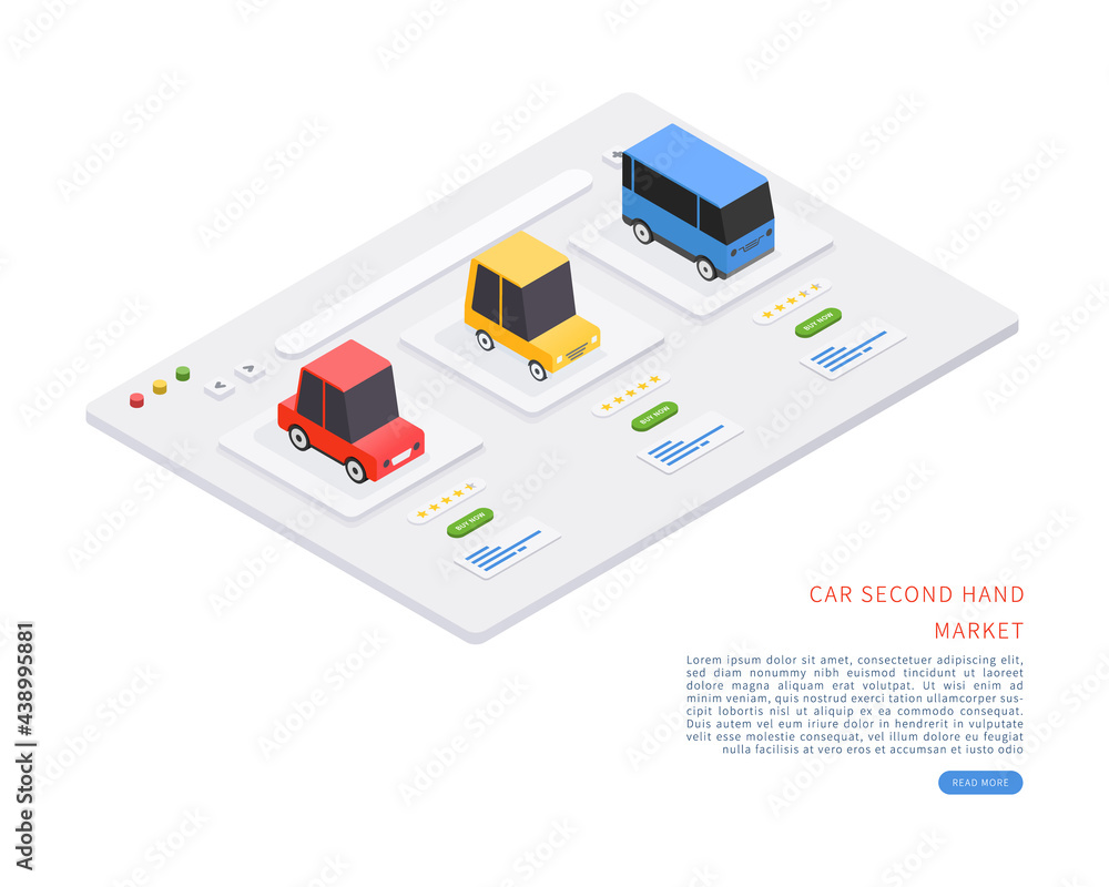 Car second hand marketplace. Car second hand market concept in isometric vector illustration. Vector illustration.
