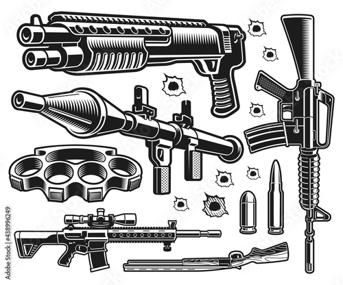 A set of black and white vector weapon illustrations isolated on white background