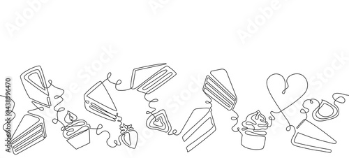 Horizontal Seamless Border Pattern with Cakes, Cupcakes and Pie Slices. Background with Bakery Sweets. One line style. Vector illustration. Can be also yused like Banner, Flyer, Cover, Poster, Texture
