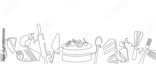 Horizontal Border Pattern with Cake and Pie Slices. Background with Bakery Sweets. 