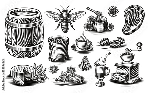 A set of black and white vector illustrations of different kinds of food in vintage style