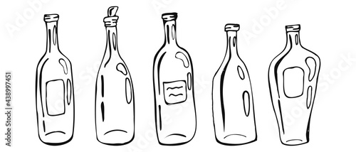 A set of bottles for wine in sketch or doodle style. Icons for a restaurant or bar menu. Vector graphics isolated on white background.