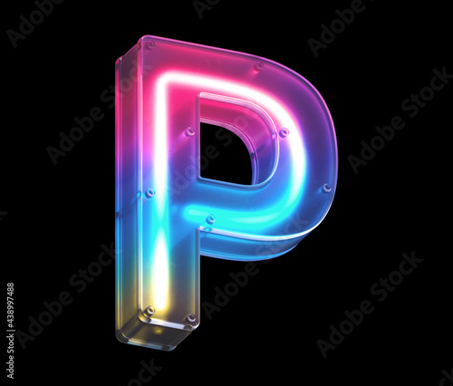 Glowing neon under matte glass. Font. Letter P.
