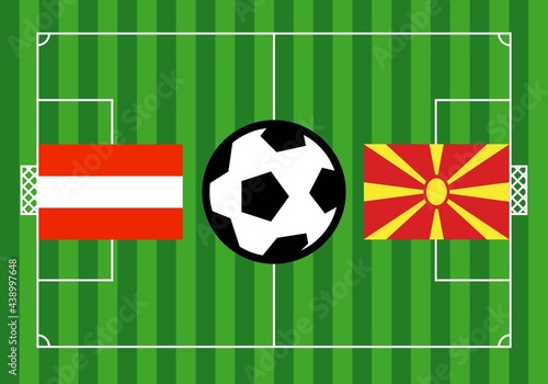 Partido de futbol de la Eurocopa entre Austria y Macedonia. Campo de futbol, con las banderas de Austria y Macedonia y un balón en el centro del terreno de juego