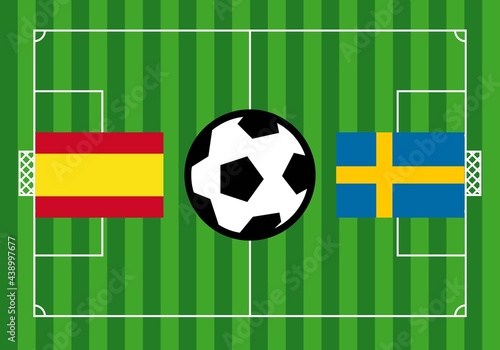 España, Suecia liga de futbol de la Eurocopa. Partido de futbol de la liga  entre España y Suecia. Campo de futbol con hierba y las banderas de España y Suecia  con un balón de futbol en el centro 