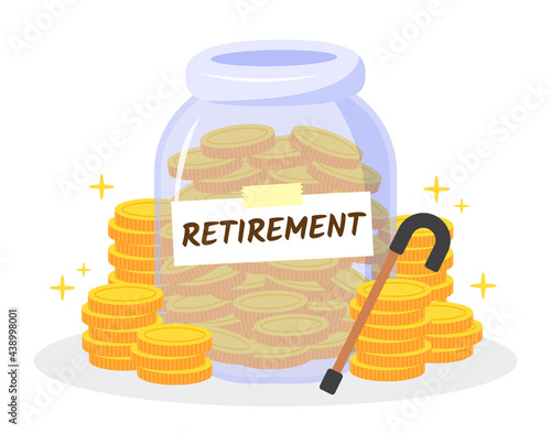 Money jar with walking stick and stack of golden coins. Creative financial concept of savings or investment for retirement planning. Trendy cute vector illustration. Flat style graphic design icon.