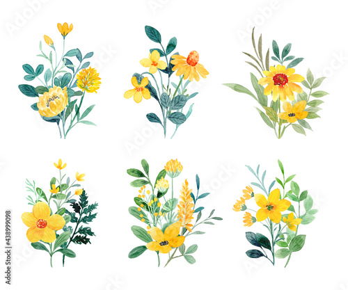 Collection of yellow wildflower bouquet with watercolor