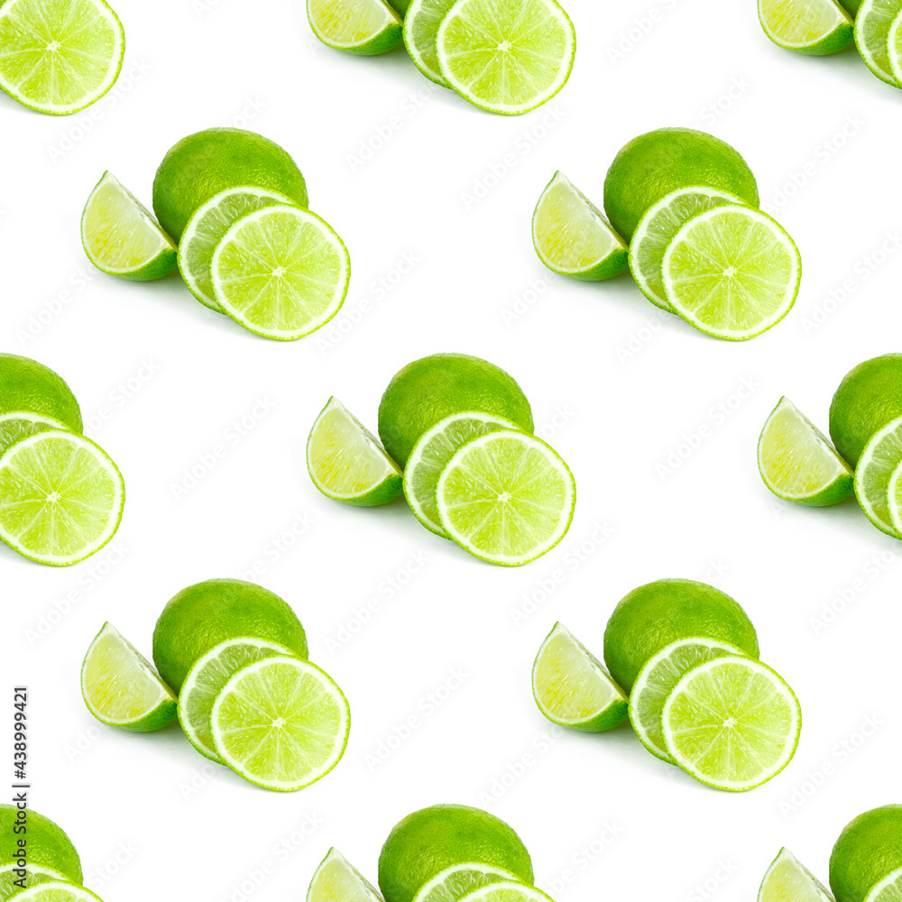 Green limes and lime slices repeat seamless pattern on white background.