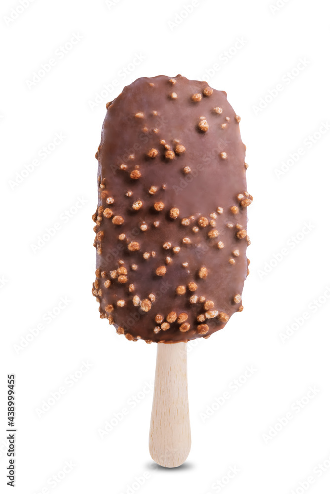 Vanilla ice cream with crispy rice and chocolate glaze on a stick on a white isolated background Vanilla ice cream with crispy rice and chocolate glaze on a stick on a white isolated background