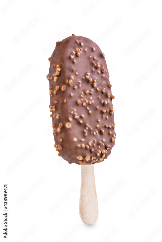 Vanilla ice cream with crispy rice and chocolate glaze on a stick on a white isolated background Vanilla ice cream with crispy rice and chocolate glaze on a stick on a white isolated background
