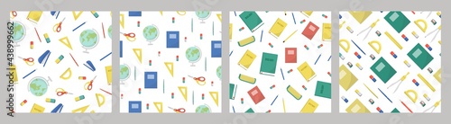 set of patterns school supplies and office stationary on white background. Back to school, education and business concept. Vector seamless pattern for banner, poster, office supply store and wallpaper