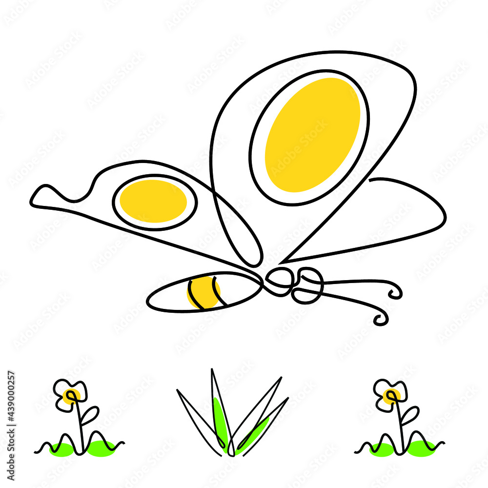 Illustration of minimalist yellow butterfly with grass and flower. One line art. Vector