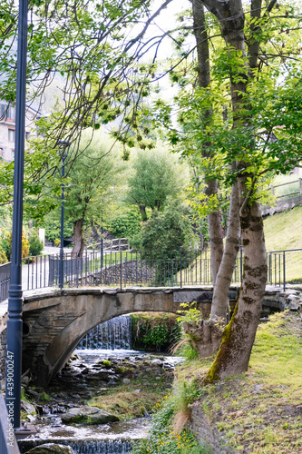 Bridge over a river in the town of Ordino, in Andorra.