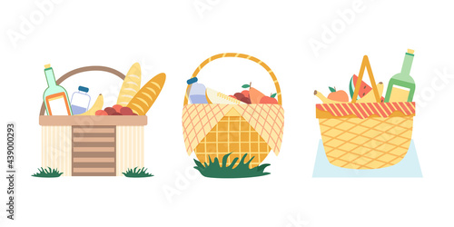 A set of wicker picnic baskets with wine, water and baguette. An open food basket and bedspread for a romantic walk. Vector. Isolated on white background.
