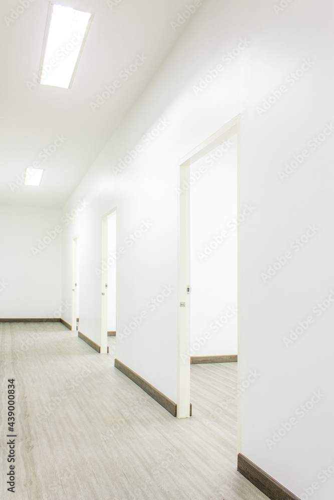 Obraz premium Light White Hall Room With Doors and Wood Floor