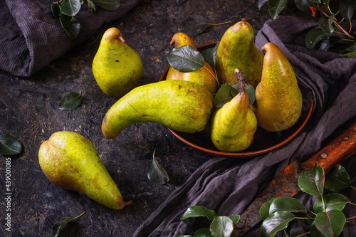 Schilderij op canvas Rural still life, low key dark photography - view of a Conference pear in clay d