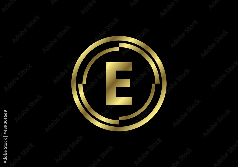 Golden letters E with golden circle frames. English alphabet, vector illustration Golden letters E with golden circle frames. English alphabet, vector illustration