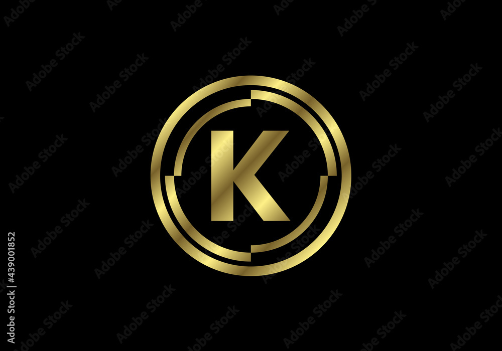 Golden letters K with golden circle frames. English alphabet, vector illustration Golden letters K with golden circle frames. English alphabet, vector illustration