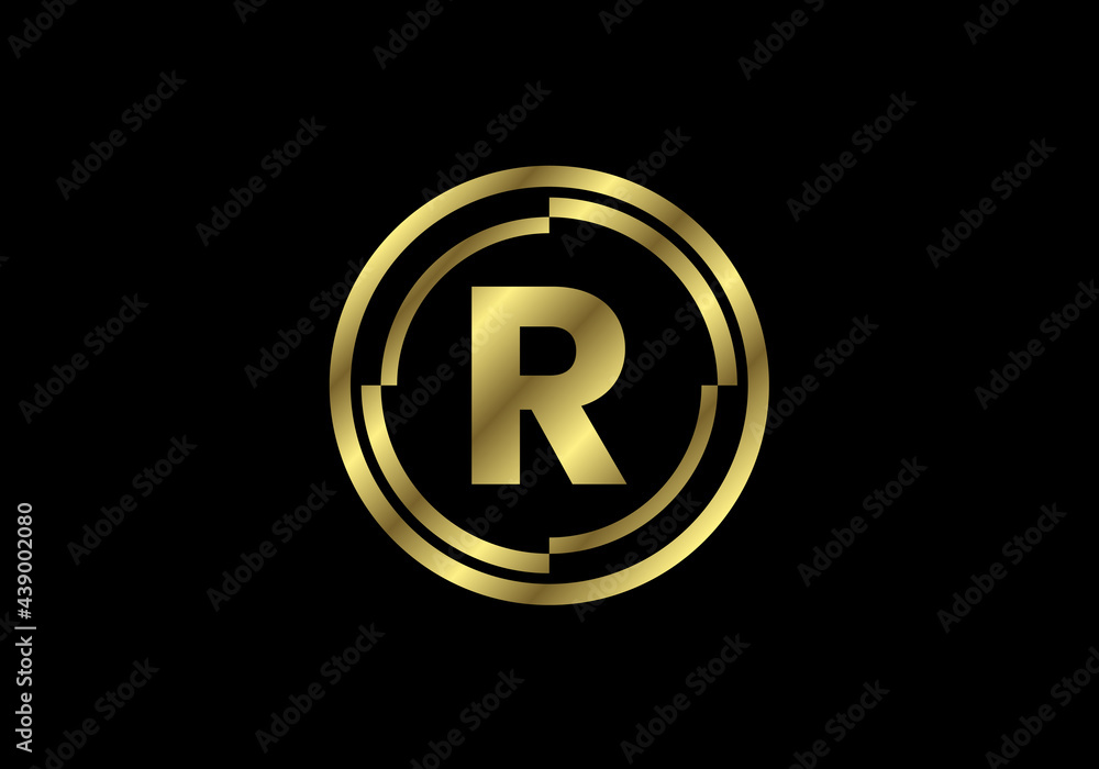 Golden letters R with golden circle frames. English alphabet, vector illustration Golden letters R with golden circle frames. English alphabet, vector illustration