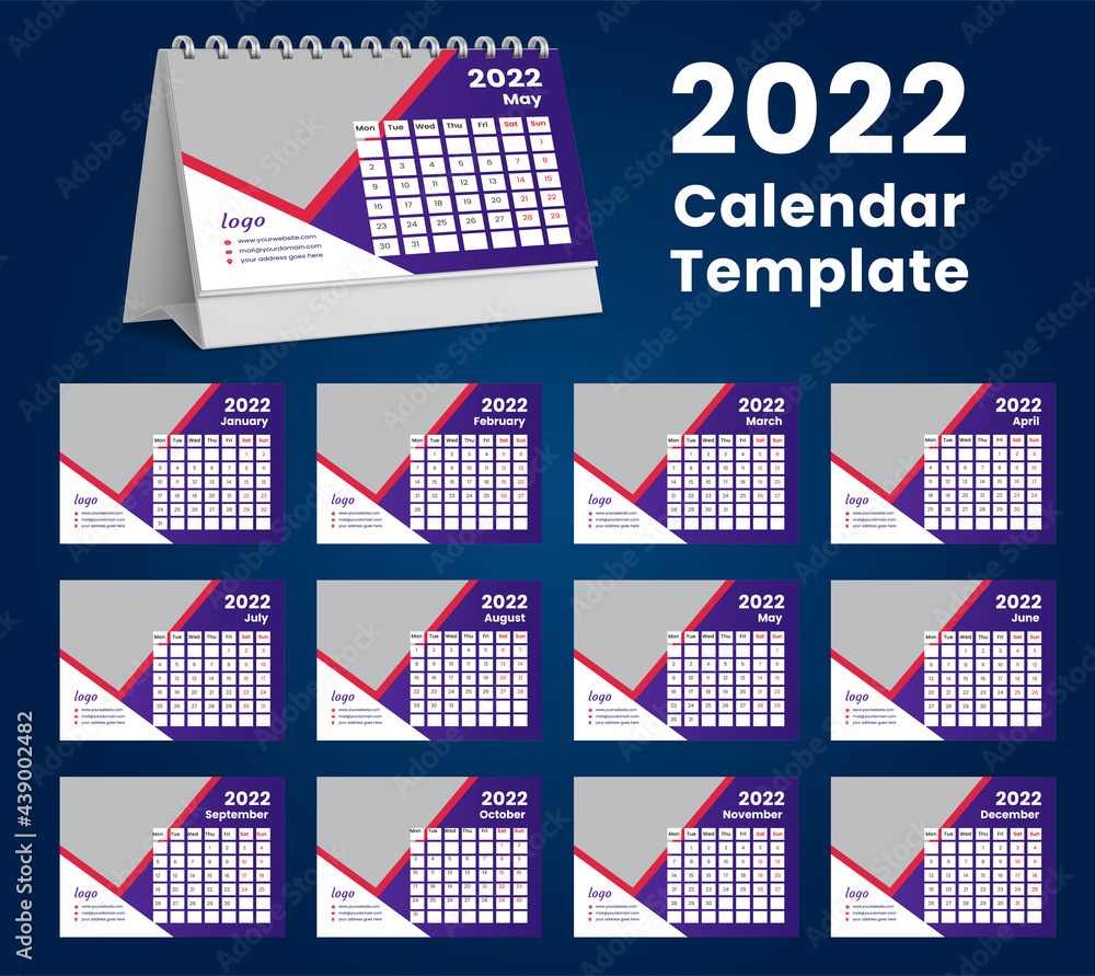Desk Calendar 2022 Template, Week starts Sunday, Stationery design, flyer design vector, printing media creative idea design, Set of 12 Months Desk Calendar 2022 Template, Week starts Sunday, Stationery design, flyer design vector, printing media creative idea design, Set of 12 Months