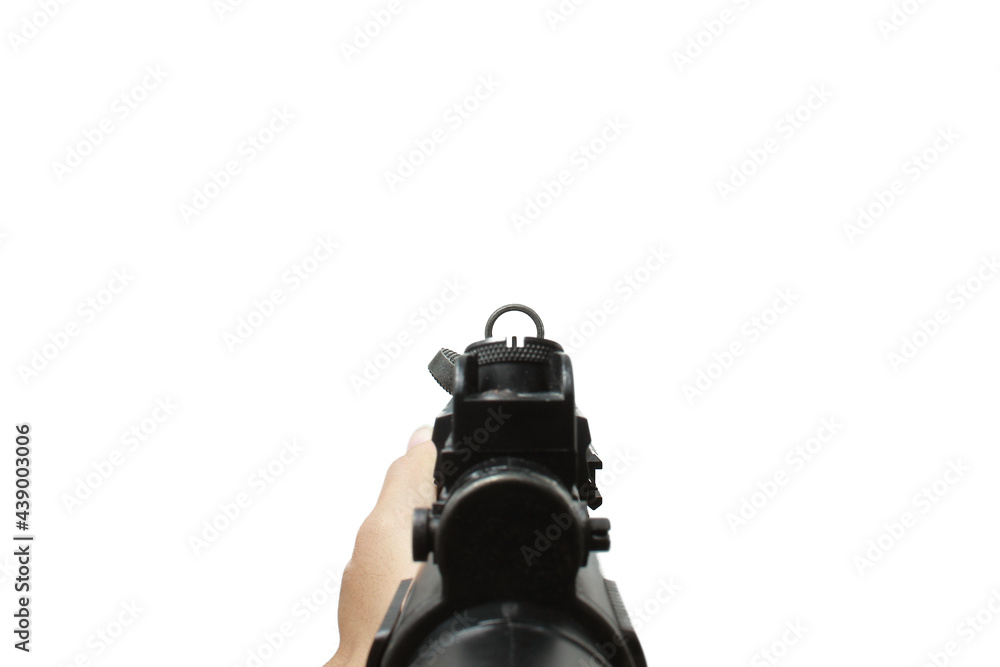 Obraz premium MP5 assault rifle weapon gun in first person shooting view isolated on white background