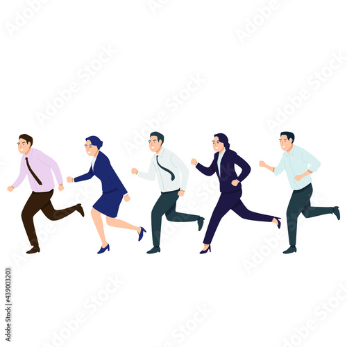 A dynamic group of professional office employees running together in a stylized flat vector illustration to represent business ambition and success