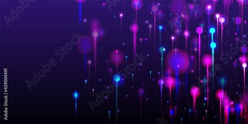 Pink Purple Blue Modern Background. Big Data Artificial Intelligence Ethernet Futuristic Wallpaper. Neon Light Nodes Elements. Network Technology Banner. Social Science Fiber Optics Light Pins.