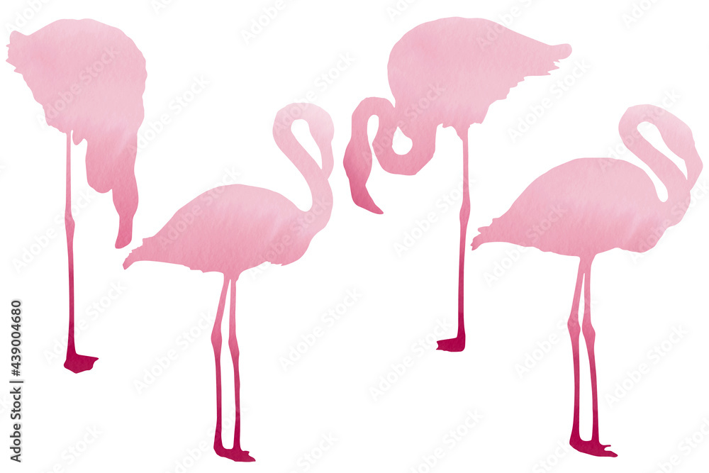 Obraz premium Pink flamingo silhouettes in watercolors. Clip art pack on white background