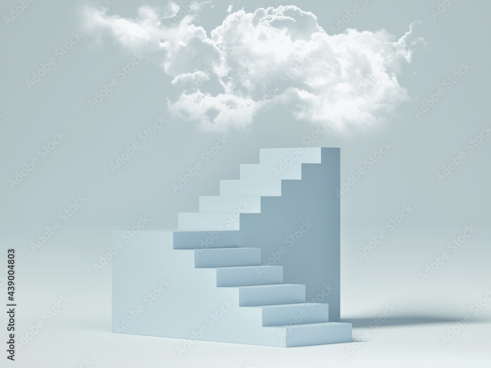 Abstract mockup podium for product presentation, blue background with clouds, 3d render, 3d illustration.