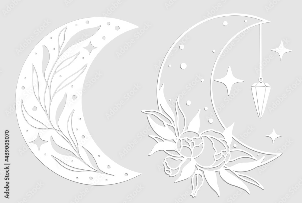 Fototapeta premium Set of magic white moons with stars and flowers on gray background.