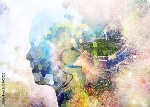 profile, head, silhouette, face, mozayka,abstract watercolor background